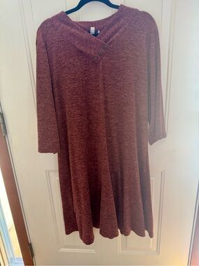 Southern Lady Rust Heather Swing Dress with V-Neck Button Detail